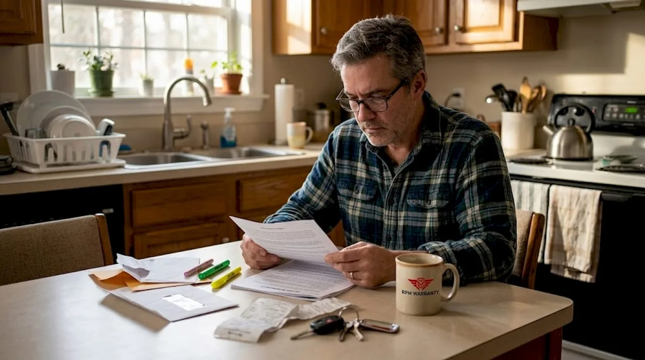 A driver carefully reviewing paperwork at a kitchen table